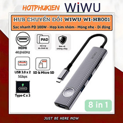 Hub chuyển đổi chia cổng USB-C 8in1 sạc nhanh 100W trang bị 2 USB 3.0 + 3 PD Type-C + Micro SD SD + HDMI 4K@60Hz hiệu WIWU Travel cho Macbook Laptop cho iPhone - Hợp kim nhôm, đa năng để vừa sạc vừa xuất màn hình và truyền dữ liệu  - Hàng nhập khẩu