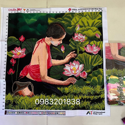 Tranh thêu chữ thập Cô gái bên sen AL53406, kích thước 76 x 76 cm