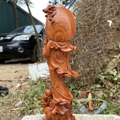 Tượng phật bà quan âm bồ tát bằng gỗ hương đá liền khối kt 30×9×10cm