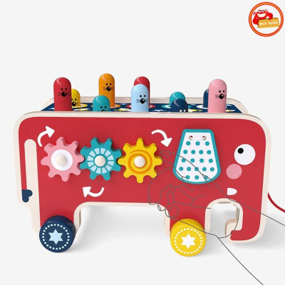 Đồ chơi xe kéo đập chuột hình chú voi dễ thương bằng gỗ