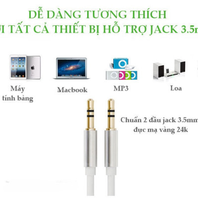 1m Dây Audio 3.5mm tròn mạ vàng 24K, TPE cao cấp - Hàng chính hãng