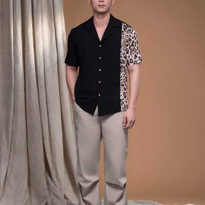 Áo sơ mi danton đen xô cát phối beo LM112453 [BST Da Beo]