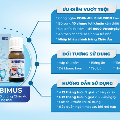 Men vi sinh TENBIMUS 10 chủng Châu Âu bổ sung lợi khuẩn, phòng ngừa rối loạn tiêu hóa, tăng cường miễn dịch cho trẻ nhỏ