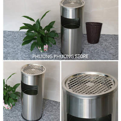 ( Hàng Cao Cấp ) Thùng rác inox tròn A 35, thùng rác inox gạt tàn tròn ( Tặng sọt tròn mây )