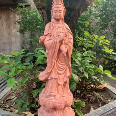Tượng phật bà quan âm bồ tát bằng gỗ hương đá liền khối kt cao 60×16×16cm