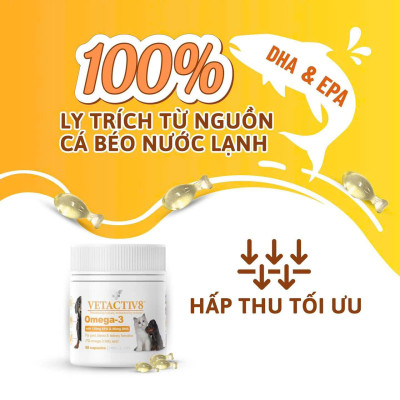 VETACTIV8 Omega-3 Dầu cá tinh khiết dành cho Chó Mèo hỗ trợ tim mạch, não bộ,mô thận và da,lông,móng