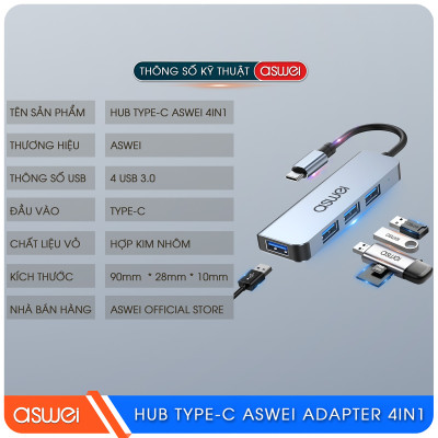 Hub Chuyển Đổi USB Type C ASWEI - 4 in 1, 5 in 1, 6 in 1, 7 in 1, 8 in 1 - HDMI, USB 3.0, PD, SD, TF, RJ45, Audio 3.5mm - Tốc Độ Cao, Hàng Chính Hãng