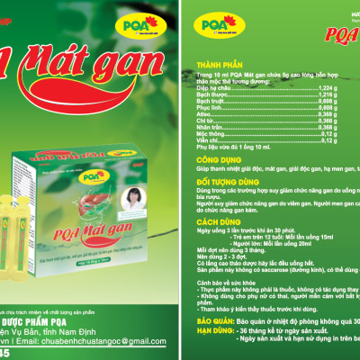 PQA Mát Gan hộp 10 ống gồm các thảo dược giúp thanh nhiệt giải độc, mát gan, giải độc gan, hạ men gan, tăng cường chức năng gan dùng trong các trường hợp suy giảm chức năng gan do uống nhiều thuốc tây, dùng nhiều bia rượu.