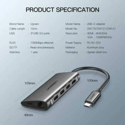 Ugreen UG40873CM179TK Bộ chuyển đổi TYPE C sang 3 USB 3.0 + HDMI + VGA + LAN + SD TF + hỗ trợ nguồn TYPE C - HÀNG CHÍNH HÃNG