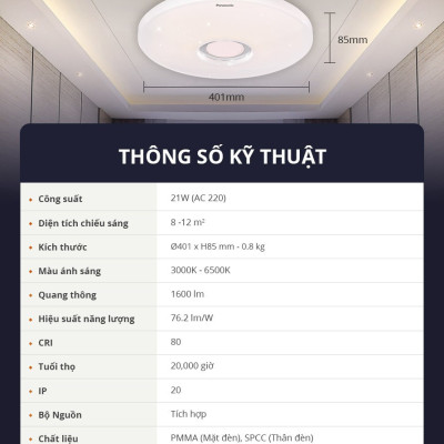 Đèn trần Starry PANASONIC HHXZ201688 21W cho phòng ngủ hiệu ứng ánh sáng lấp lánh, chế độ ngủ, thư giãn, hẹn giờ