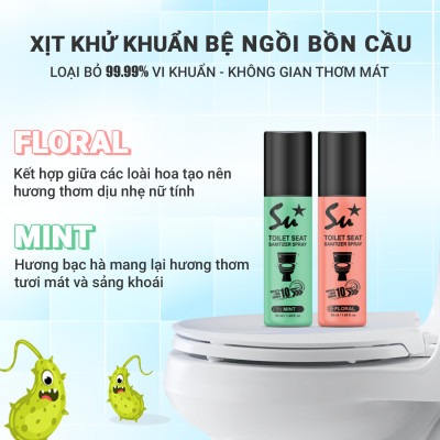 Combo 2 chai Xịt khử khuẩn bệ ngồi bồn cầu Su Star hương chanh và bạc hà, loại bỏ 99.999% (50ml)