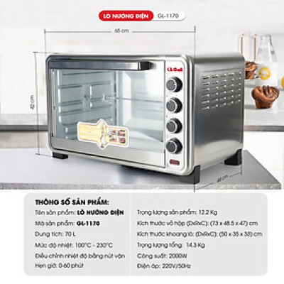 Lò nướng điện đa năng Gali GL-1170 dung tích lớn 70 lít, có đèn, xiên quay, quạt đối lưu, hàng chính hãng Gali bảo hành 24 tháng.