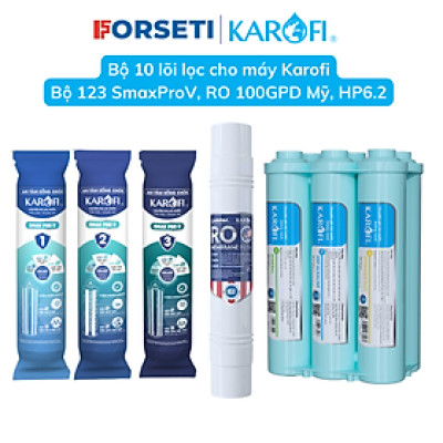 Bộ 10 lõi lọc nước Karofi gồm bộ lõi lọc thô 123 SmaxPro V, màng RO 100 Mỹ và bộ hiệu suất HP6.2 dành cho máy lọc nước Karofi - Hàng chính hãng