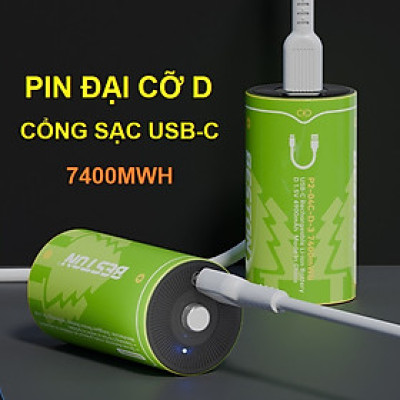 Hộp 2 viên Pin đại Beston 1.5V 7400mWh cổng sạc USB-C - cỡ D dùng cho đèn pin, bếp ga, thiết bị công nghiệp
