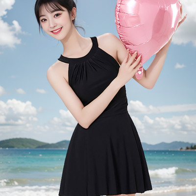 Váy bơi nữ liền cổ yếm có quần đùi liền thời trang màu đen sang trọng