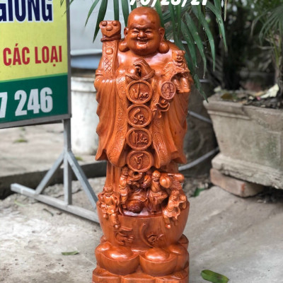 Tượng phật di lặc chúc phúc bằng gỗ hương đá kt cao 80×27×24cm