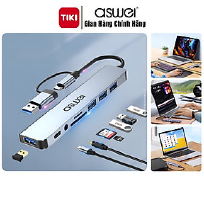 Hub Chuyển Đổi USB Type C ASWEI 8 in 1 - USB 3.0, SD, TF, USB C, Audio 3.5 Tốc Độ Cao - Hàng Chính Hãng