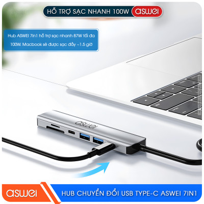 Hub Chuyển Đổi USB Type C ASWEI 7 in 1 - HDMI, USB 3.0, SD, TF, USB C, PD 100W Tốc Độ Cao - Hàng Chính Hãng