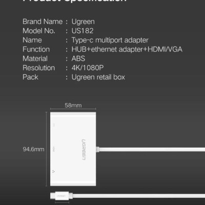 Ugreen UG30439US182TK Bộ chuyển đổi TYPE C sang USB 3.0 + USB 2.0 + VGA + LAN + hỗ trợ nguồn TYPE C - HÀNG CHÍNH HÃNG