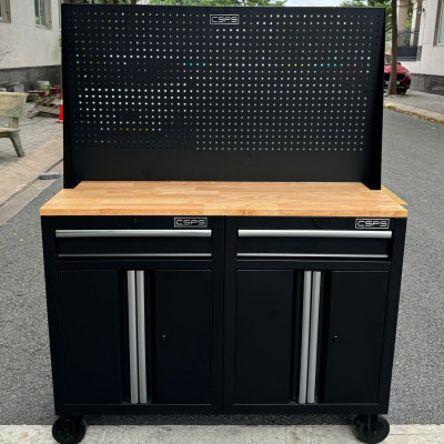 Bộ 2 Tủ dụng cụ CSPS 122cm màu đen mặt ván gỗ kèm vách lưới - 02 hộc kéo (tay cầm trắng)