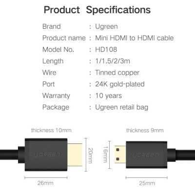 Ugreen UG11167HD108TK 1.5M 4K 60hz 2.0 Cáp Mini HDMI sang HDMI thuần đồng màu Đen - HÀNG CHÍNH HÃNG