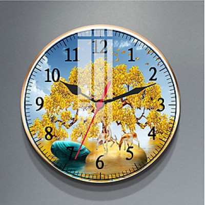 Đồng Hồ Treo Tường Tráng Gương Hươu Và Cây Lá Vàng (Đường Kính 40cm)