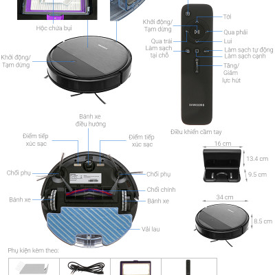Robot hút bụi, lau sàn Samsung Powerbot-E lực hút cực mạnh 4200Pa (VR05R5050WK)-Hàng chính hãng