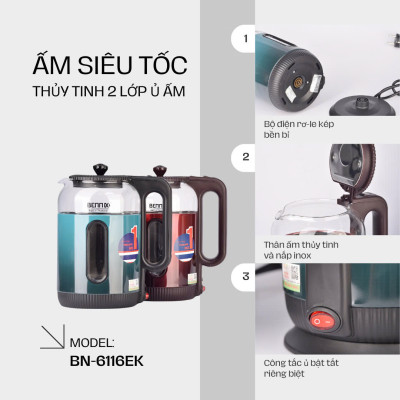 Bình Đun Siêu Tốc Ủ Ấm 2 Lớp Cách Nhiệt Bằng Thuỷ Tinh Bennix BN-6116EK Dung Tích 2L Công Suất 1500W- Hàng Chính Hãng