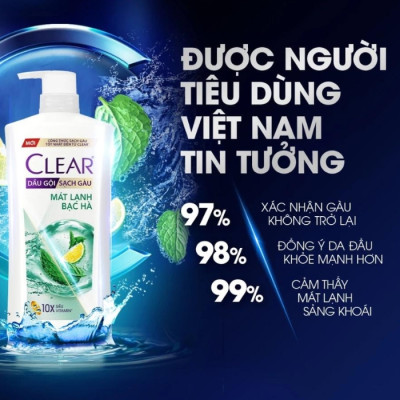 Dầu gội đầu Clear Mát Lạnh Bạc Hà sạch gàu ngứa và vi khuẩn suốt 48 Giờ 880g