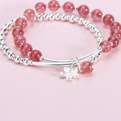 Vòng tay 2 line đá thạch anh dâu phối charm hoa bạc mệnh hỏa, thổ - Ngọc Quý Gemstones