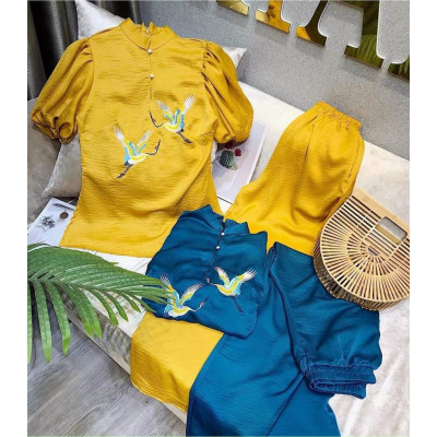 Set đồ lam đi chùa cách tân thêu tay phồng có đính hạt