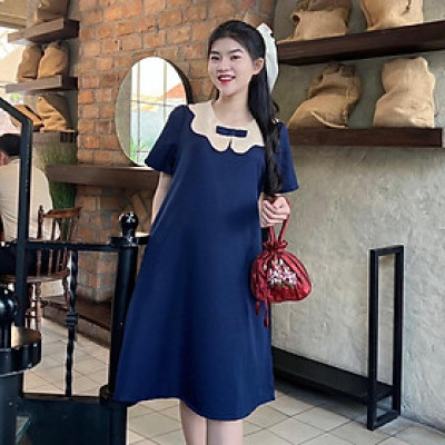 Đầm bầu công sở cổ sen phối nơ chất cotton lạnh phom suông gọn dáng thanh lịch