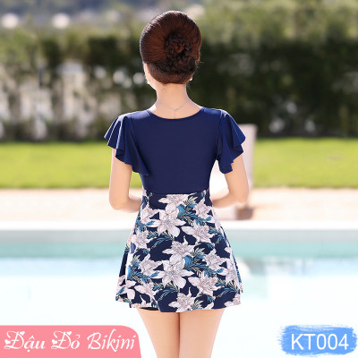 Bộ bơi trung niên, áo tắm cho người có tuổi, đồ bơi cho mẹ và bà, mẫu liền thân dáng váy & quần short đùi rời gọn gàng, màu sắc trang nhã, chất thun bơi lạnh Lycra cao cấp dày mịn mát, co giãn đa chiều | KT004
