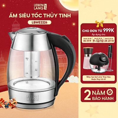 Ấm siêu tốc, bình thủy tinh Lebenlang LBLB2226 có lõi lọc trà, công suất 2200W, dung tích 1800ml, bảo hành 2 năm - hàng chính hãng
