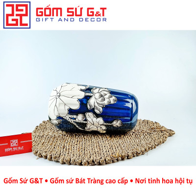 Lọ hoa men hỏa biến lá dứa miệng thấp vẽ sen Gốm Sứ G&T