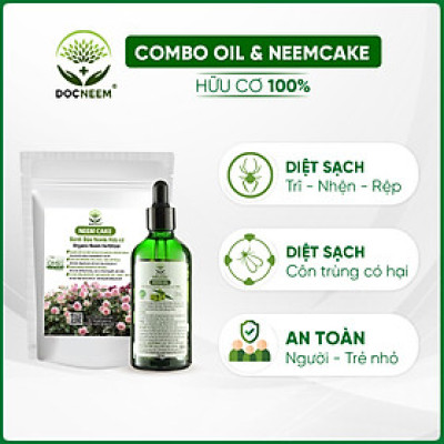 Combo Dầu Neem và Bánh dầu Neem hữu cơ DOCNEEM trị sâu bệnh, sùng đất cuốn chiếu, kích rễ hoa hồng chai 100ml và túi 1kg