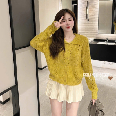 Áo Len Nữ Cổ Sóng Màu Vàng Form Ngắn Hack Dáng, Chất Len Mềm Mịn Hot Trend