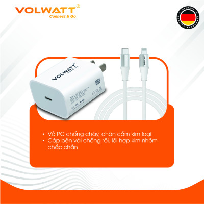 Bộ củ cáp sạc nhanh Volwatt GE-20-SCL 20W hàng chính hãng | Adapter PD Type-C + Cáp Type-C to L 27W, dài 1m – Sạc nhanh cho iPhone/iPad