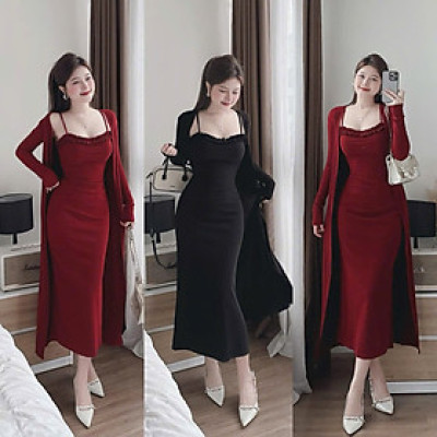Váy Body Dài Kèm Áo Khoác Cardigan Ngoài Sang Chảnh – Dự Tiệc/Đi Chơi