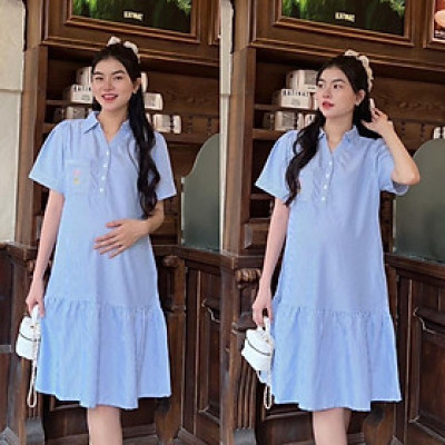 Đầm Bầu Công Sở Cổ Sơ Mi Phối Túi Thêu Phom Đuôi Cá Dễ Thương