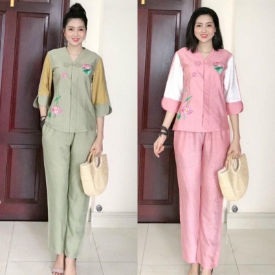 Đồ Lam Đi Chùa # Tim 1Nút Bông Cao Cấp# Quần Áo # Đồ Bộ Nữ