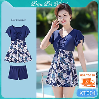 Bộ bơi trung niên, áo tắm cho người có tuổi, đồ bơi cho mẹ và bà, mẫu liền thân dáng váy & quần short đùi rời gọn gàng, màu sắc trang nhã, chất thun bơi lạnh Lycra cao cấp dày mịn mát, co giãn đa chiều | KT004