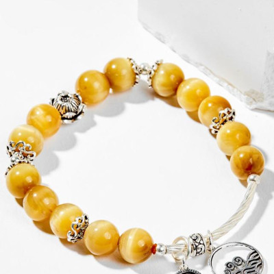 Vòng Tay Phong Thủy Nữ Đá Mắt Hổ Vàng Tâm Phối Charm Hoa Sen Bạc (8mm) Mệnh Thổ, Kim Ngọc Quý Gemstones