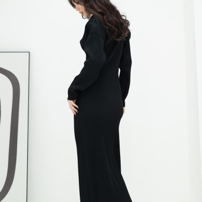 Đầm thun gân đen NGADO , đầm thun nữ , đầm midi , đầm dạo phố