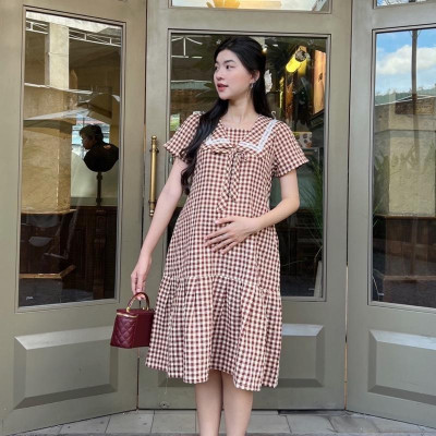 Đầm bầu đuôi cá cổ thuỷ thủ phối viền ren chất Cotton Hàn Váy bầu năng động