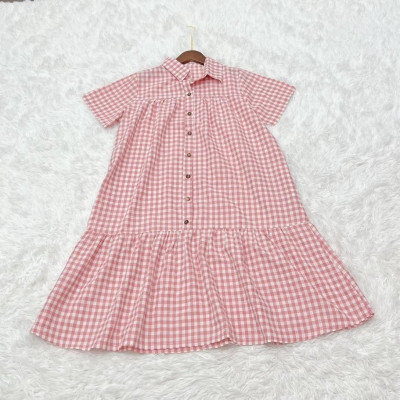 Đầm bầu karo cổ sơ mi phối nút phom đuôi cá dễ thương, trẻ trung diện đi làm, đi chơi