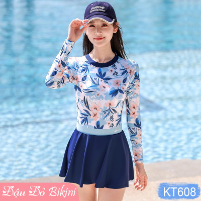 Bộ Bơi Nữ Liền Quần Tam Giác Kèm Chân Váy Rời, Áo Dài Tay Chống Nắng UV Màu Sáng, Thun Bơi Mát, Có Sẵn Đệm Tròn Tạo Phom | KT608