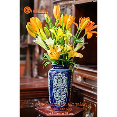Bình hoa khắc hoa sen cổ men xanh vàng gốm Bát Tràng