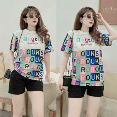 sét đồ sort nữ họa tiết chữ thêu Angel xinh xắn