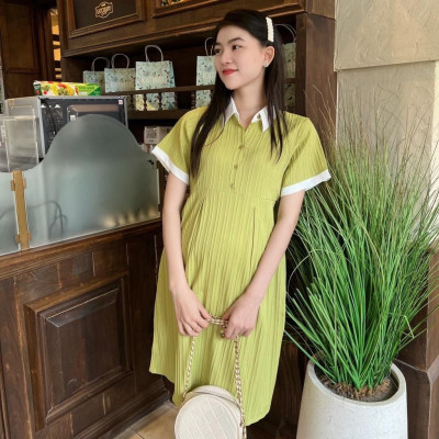 Đầm bầu babydoll đũi gân cổ sơ mi thanh lịch, phối màu bầu diện dễ thương